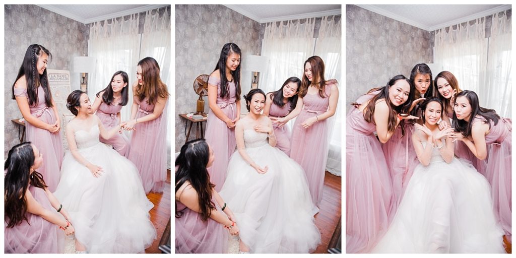 Bride and bridesmaids poses for photos during getting ready for outdoor wedding at Stonebridge Wedding Venue photographed by Dallas wedding photographer Picture Bouquet Studio. 