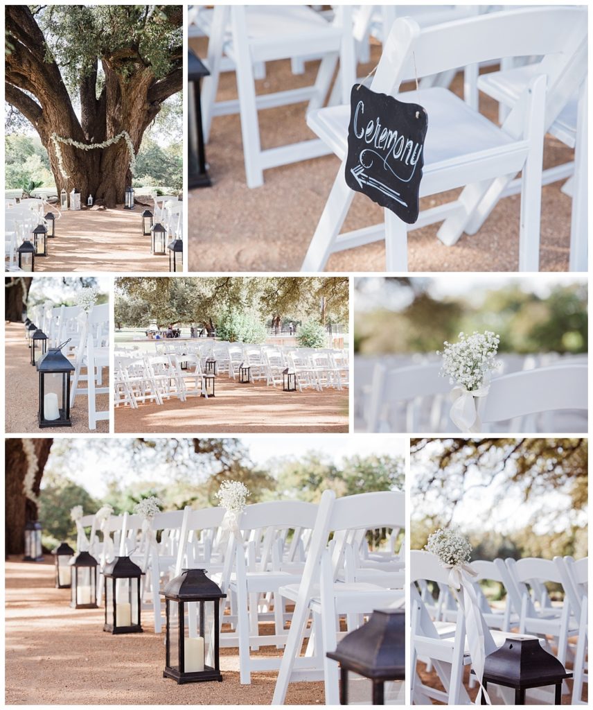 Collage of wedding decor setup for outdoor wedding at Stonebridge Wedding Venue photographed by Dallas wedding photographer Picture Bouquet Studio. 