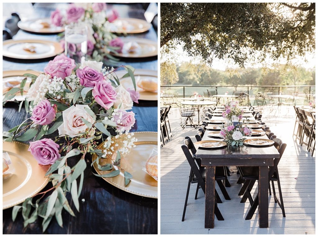 Table setup of beautiful lavender and peach roses for outdoor wedding at Stonebridge Wedding Venue photographed by Dallas wedding photographer Picture Bouquet Studio. 