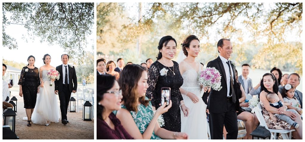 Vietnamese bride walking down aisle with mom and dad at Stonebridge photographed by Picture Bouquet Studio. 