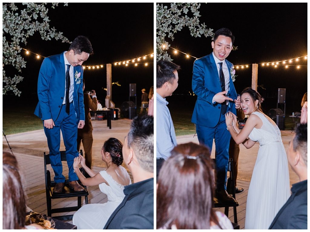Vietnamese bride and groom play reception games at Stonebridge wedding photographed by Dallas wedding photographer Picture Bouquet Studio. 