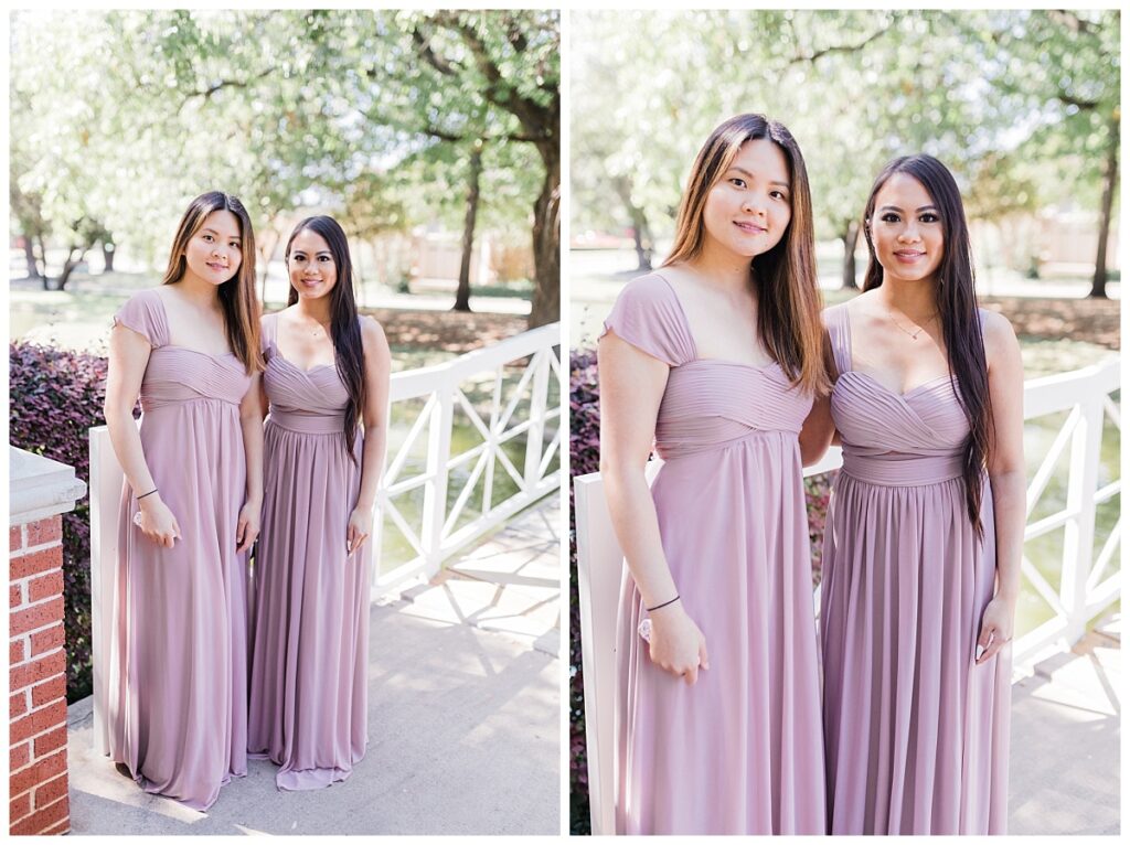 Bridesmaid in long lavender silky gowns poses next to white bridge at Haggard Park in Plano, TX for bridal party portraits by wedding photographer Jenny Bui of Picture Bouquet Studio, a Dallas based wedding photography studio. 