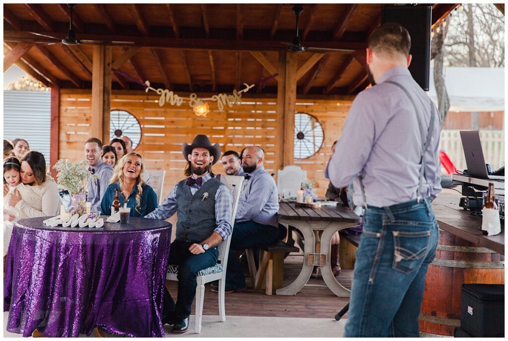 Best man's speech for outdoor Texas styled wedding at Fort Worth Country Memorial Wedding Venue photographed by Dallas wedding photographer Jenny Bui of Picture Bouquet Studio. 