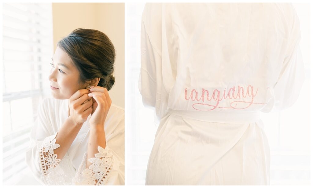 Bride in white robe putting on earrings during bridal prep on left and on right is close up of white silk robe with bride's name on back photographed by Dallas wedding photographer, Jenny Bui of Picture Bouquet Studio. 