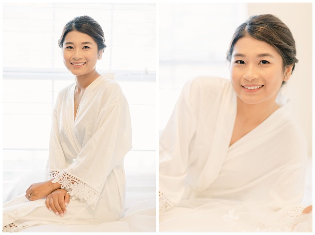 Bride smiling at camera on left with arms crossed at lap and bride smiling at camera on right laying on bed during bridal prep photographed by Dallas wedding photographer, Jenny Bui of Picture Bouquet Studio. 