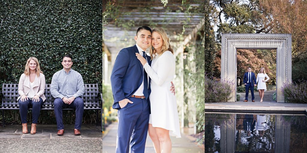 Collage of Dallas engaged couple at the Dallas Arboretum for their engagement session photographed by Dallas wedding photographer Jenny Bui of Picture Bouquet Studio. 
