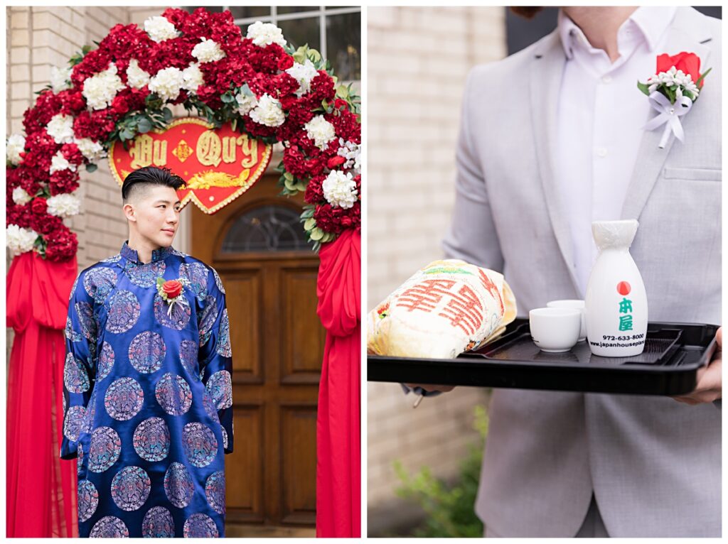 Groom in blue ao dai on left and close up of wine tray on right for Vietnamese traditional tea ceremony photographed by Dallas wedding photographer Jenny Bui of Picture Bouquet Studio. 