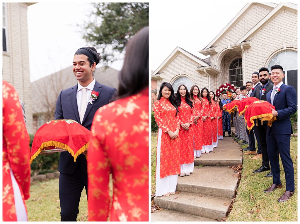 Groomsmen and bridesmaids in red ao dai lining up to receive gift trays for the traditional Vietnamese tea ceremony photographed by Dallas wedding photographer Jenny Bui of Picture Bouquet Studio. 