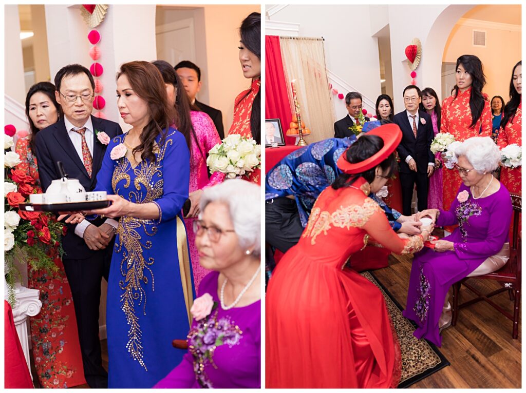 Presenting tea to bride's grandma during Vietnamese traditional tea ceremony photographed by Dallas wedding photographer Jenny Bui of Picture Bouquet Studio. 