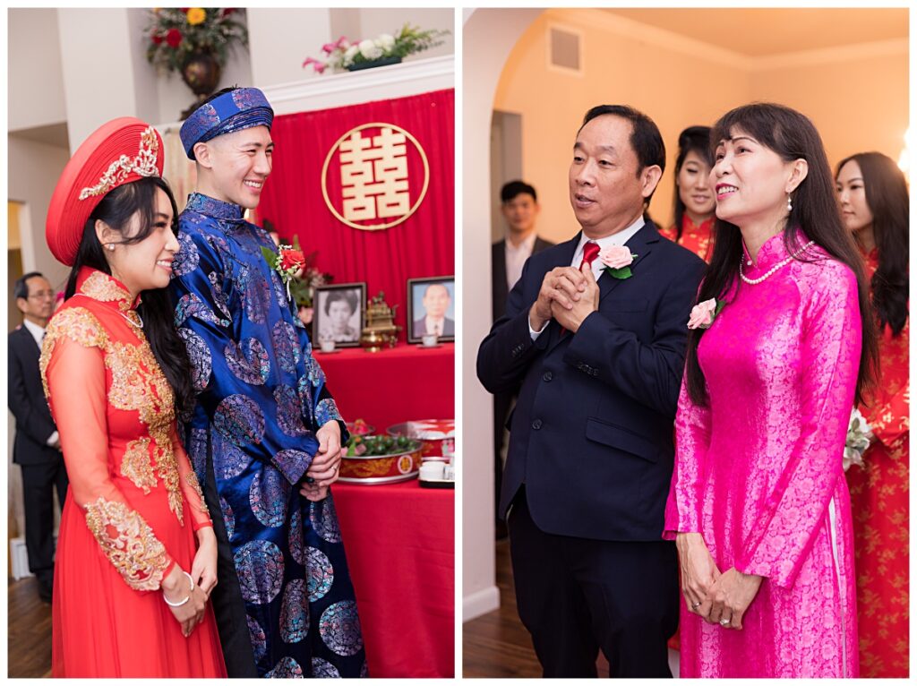 Receiving well wishes from relatives during traditional Vietnamese tea ceremony, bride and groom in ao dai smiles joyfully photographed by Jenny Bui of Picture Bouquet Studio. 