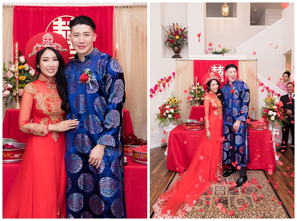 Bride and groom in ao dais smiles as guests throw red petals at them during traditional Vietnamese tea ceremony photographed by Dallas wedding photographer Jenny Bui of Picture Bouquet Studio. 