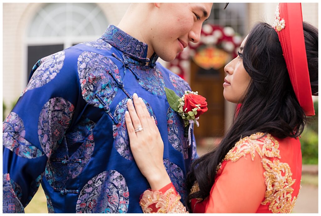 Bride and groom in Vietnamese traditional ao dai for their tea ceremony photographed by Jenny Bui of Picture Bouquet Studio in Dallas, TX. 