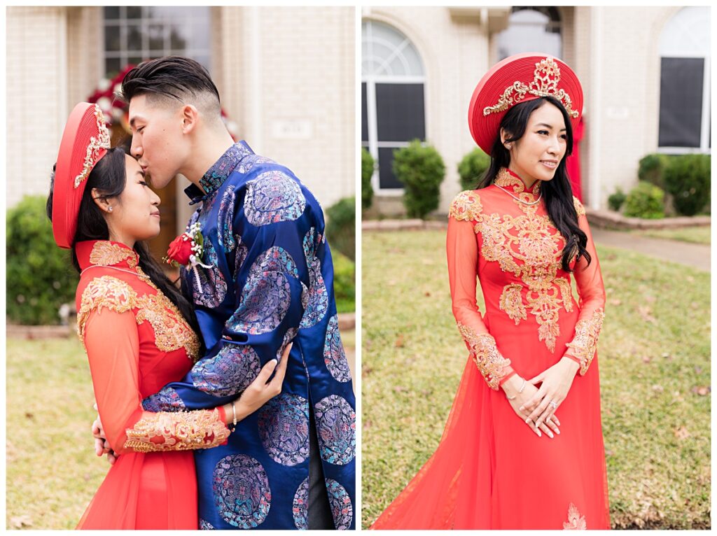 Groom kissing bride in red ao dai on forehead in front of Vu Quy sign during Vietnamese tea ceremony photographed by Dallas wedding photographer Picture Bouquet Studio. 