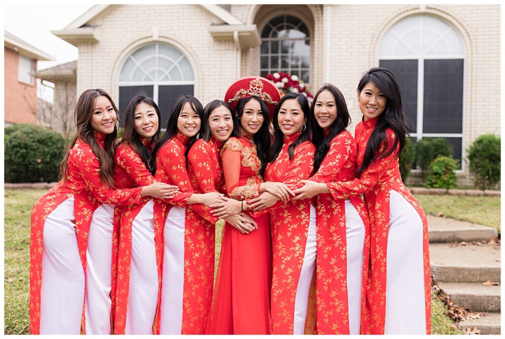 Gorgeous Vietnamese bride with her bridesmaids in red and gold ao dais for Dallas Vietnamese tea ceremony photographed by Picture Bouquet Studio. 