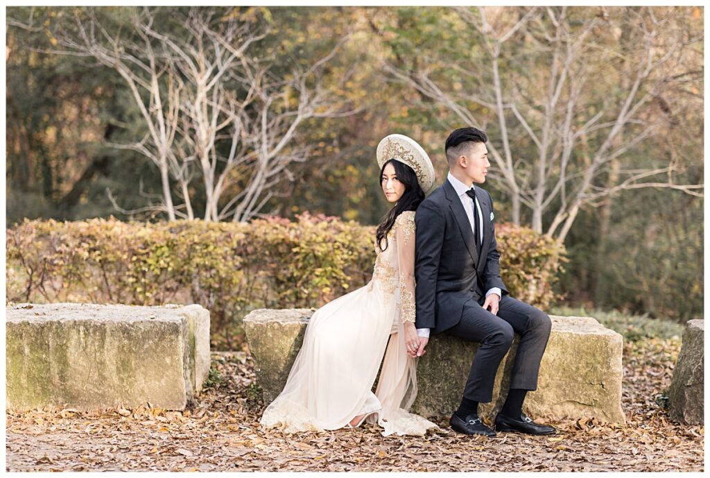 Back to back pose of Vietnamese bride and groom during Prairie creek portrait session photographed by Dallas wedding photographer Jenny Bui of Picture Bouquet Studio. 