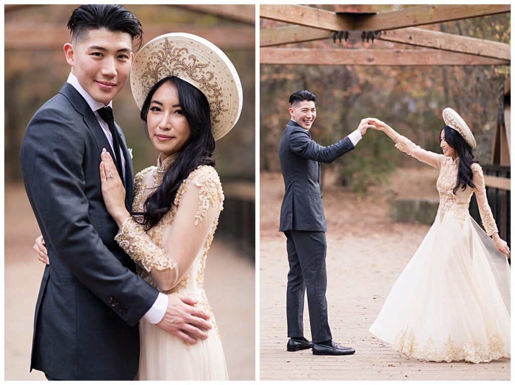 Bride and groom posing on left and groom in grey suit twirling bride in yellow ao dai on right during Prairie creek portrait session photographed by Dallas wedding photographer Jenny Bui of Picture Bouquet Studio. 