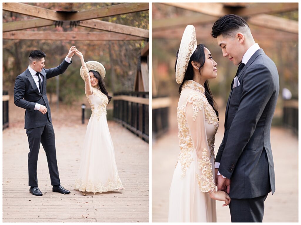 Groom in grey suit twirling Vietnamese bride in gorgeous ao dai on left and bride and groom holding hands on right during Prairie creek portrait session photographed by Dallas wedding photographer Jenny Bui of Picture Bouquet Studio. 