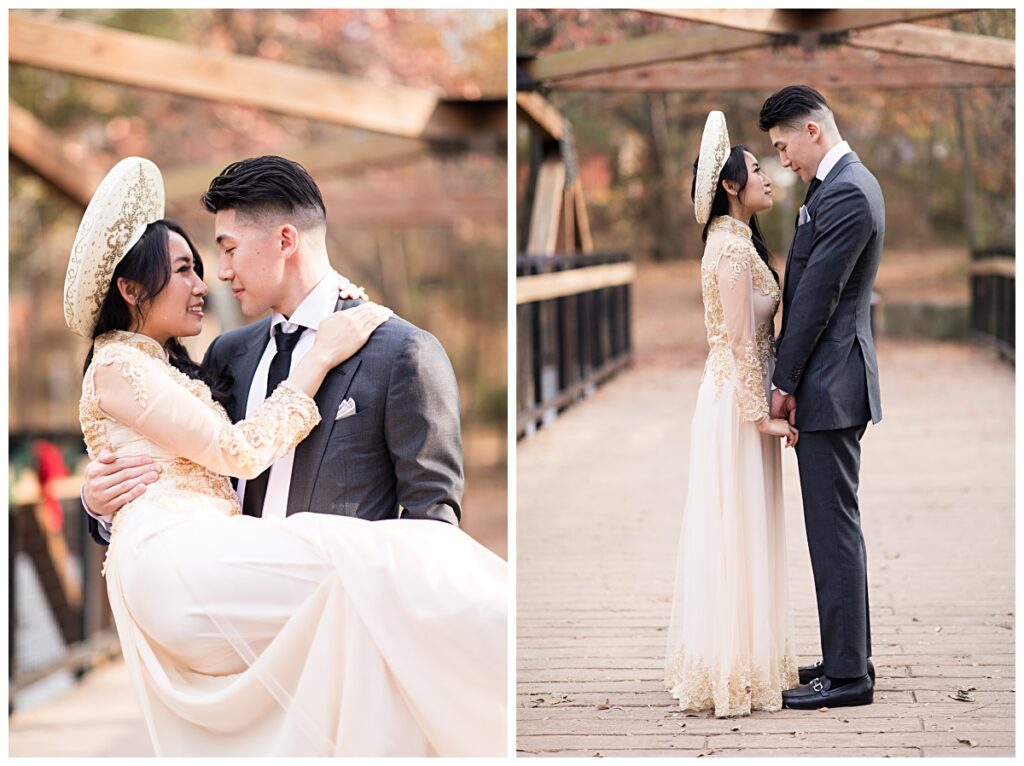 Groom carrying bride in yellow ao dai on left and holding hands on right on bridge during Prairie creek portrait session photographed by Dallas wedding photographer Jenny Bui of Picture Bouquet Studio. 