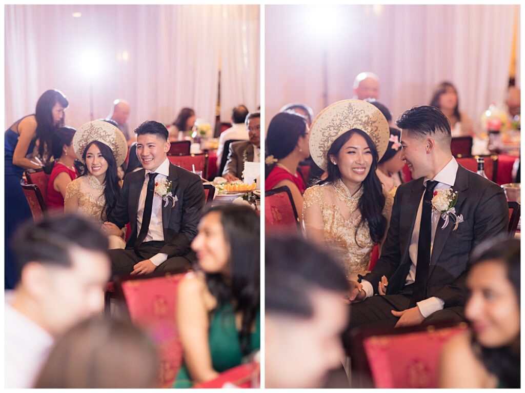 Vietnamese bride and groom exchange loving glances during toasts from maid of honor and best man during reception at Kirin Court Chinese Restaurant photographed by Dallas wedding photographer Jenny Bui of Picture Bouquet Studio. 