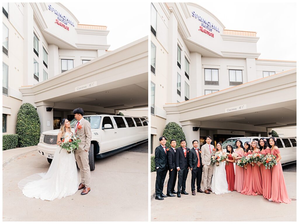 Bride and groom in front of Marriott hotel and bridal party poses in front of limousine for The Pearl wedding in Arlington, TX photographed by Picture Bouquet Studio. 