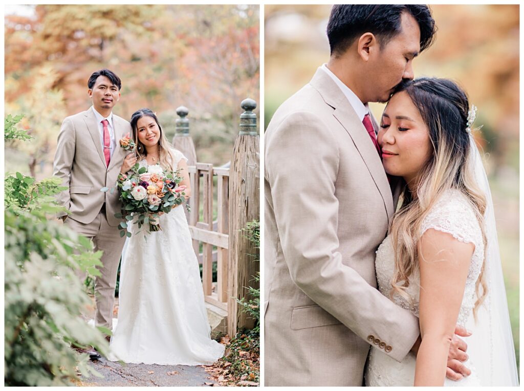 Portraits of bride and groom in front of wood bridge at Fort Worth Japanese Garden photographed by Jenny Bui of Picture Bouquet Studio. 