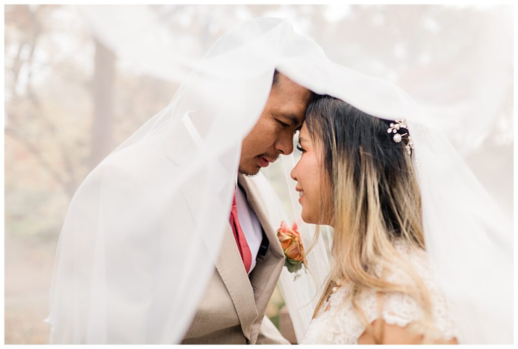 Gorgeous shot under veil of bride and groom at Fort Worth Japanese Garden photographed by Jenny Bui of Picture Bouquet Studio. 