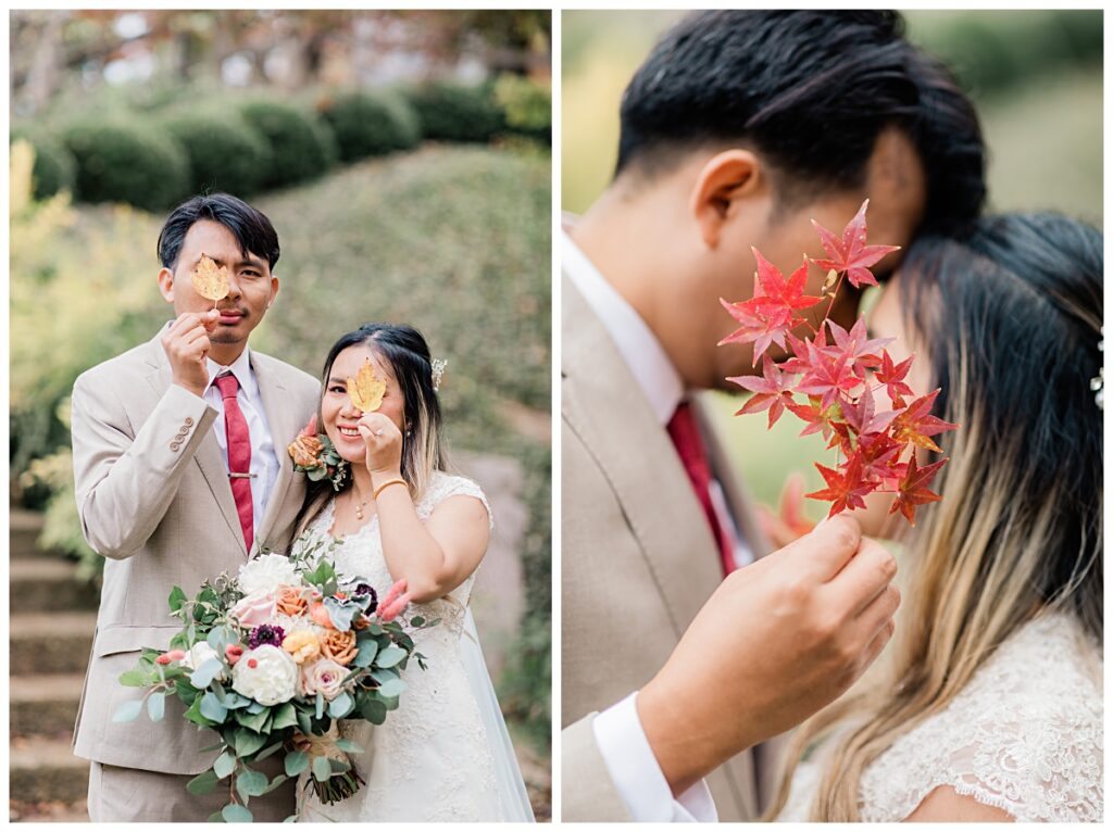 Bride and groom showcasing fall leaves at Fort Worth Japanese Garden photographed by Jenny Bui of Picture Bouquet Studio. 