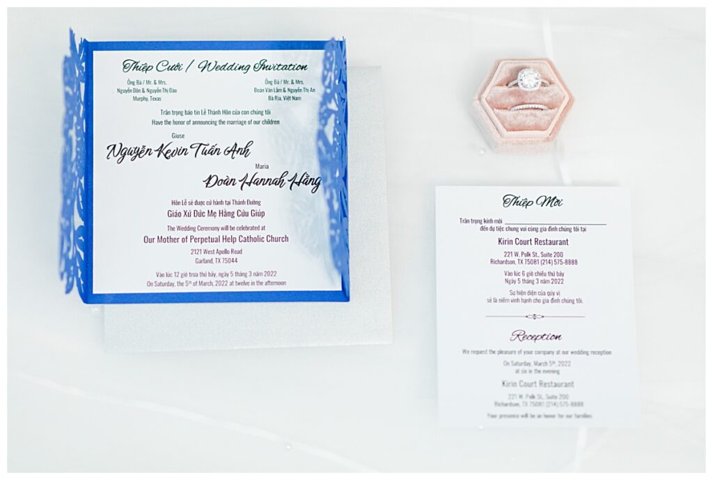 Dallas Vietnamese wedding invitation and engagement ring detail shots photographed by Picture Bouquet Studio. 
