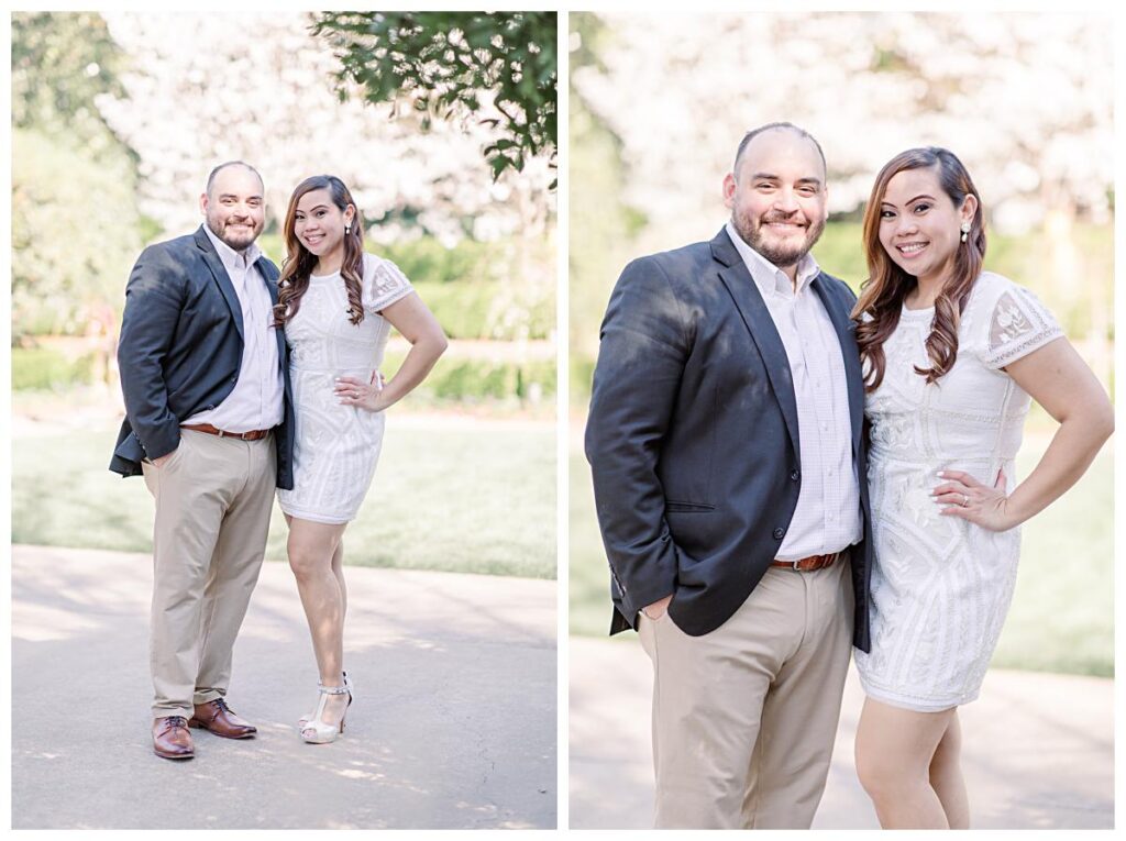 Engaged couple smiling arm in arm at the Dallas Arboretum for their spring engagement session photographed by Jenny Bui of Picture Bouquet Studio. 