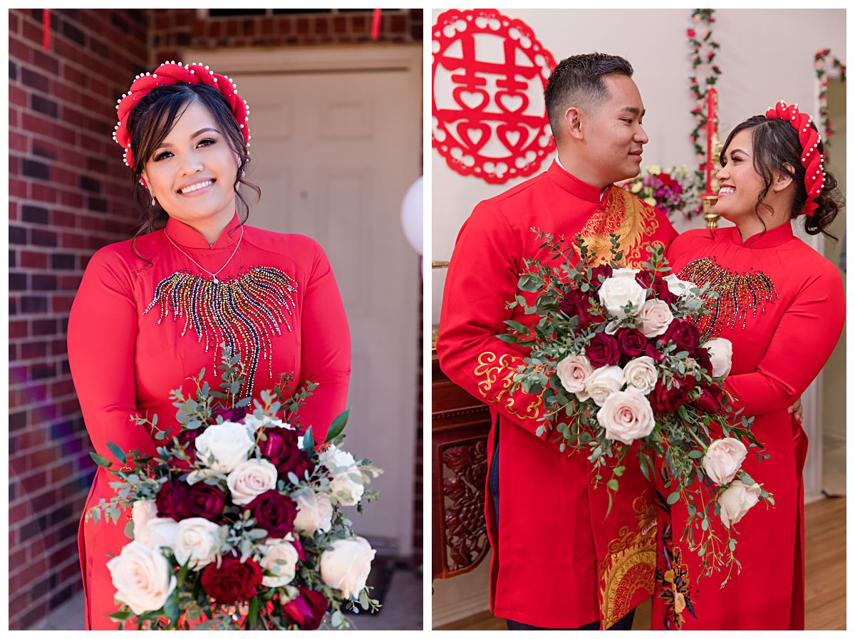 Bride smiling at camera with red and cream rose bouquet on left and bride and groom in red ao dai smiling at one another on right during Dallas Vietnamese tea ceremony photographed by Jenny Bui of Picture Bouquet Studio. 