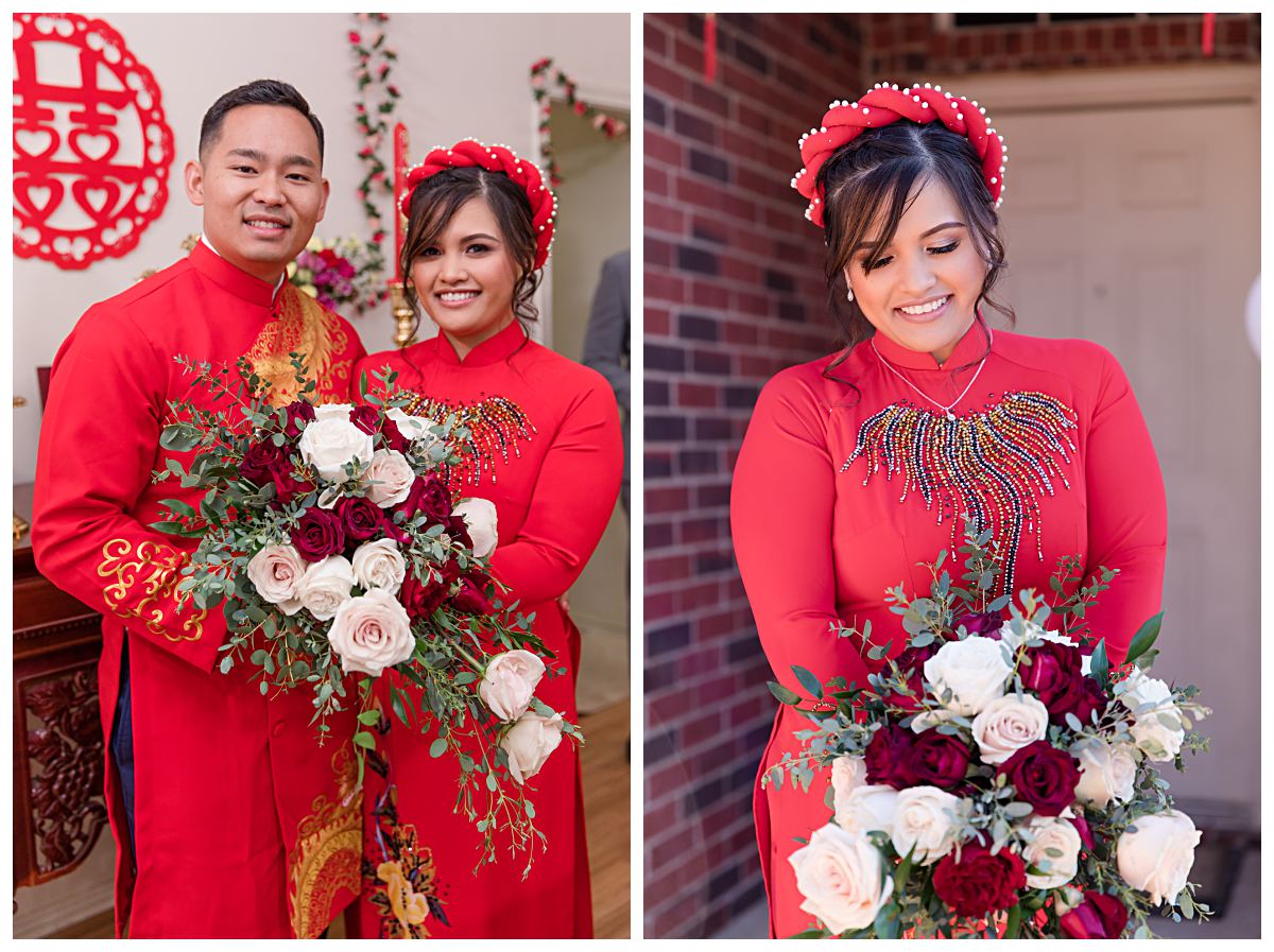 Bride and groom in traditional red ao dais smiling at camera on left and bride smiling down at bouquet on right during Dallas Vietnamese tea ceremony photographed by Jenny Bui of Picture Bouquet Studio. 