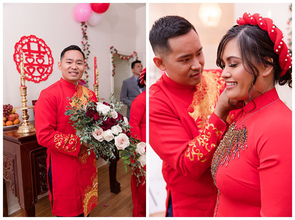 Vietnamese groom in red ao dai holding bouquet on left and groom helping bride put on earrings on right during Dallas Vietnamese tea ceremony photographed by Jenny Bui of Picture Bouquet Studio. 