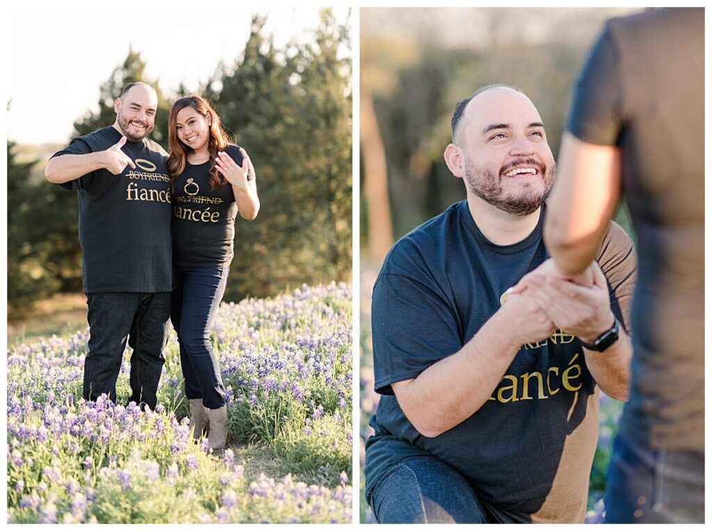 Engaged couple in matching fiance black tees points to shirt and ring during Ennis bluebonnet engagement session photographed by Dallas wedding photographer Jenny Bui of Picture Bouquet Studio. 