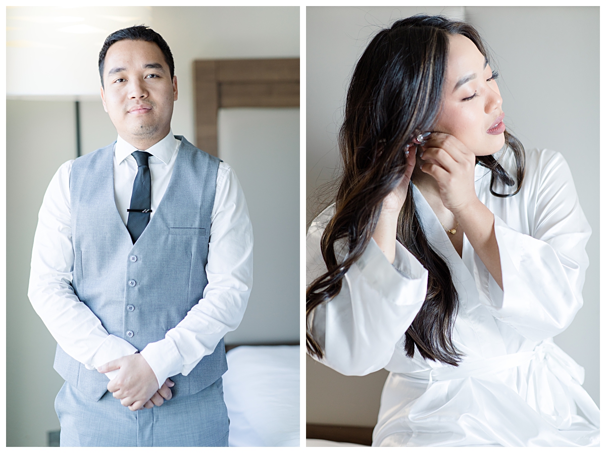 Close up of groom and bride during getting ready portion of wedding day photographed by Dallas wedding photographer Jenny Bui of Picture Bouquet Studio. 