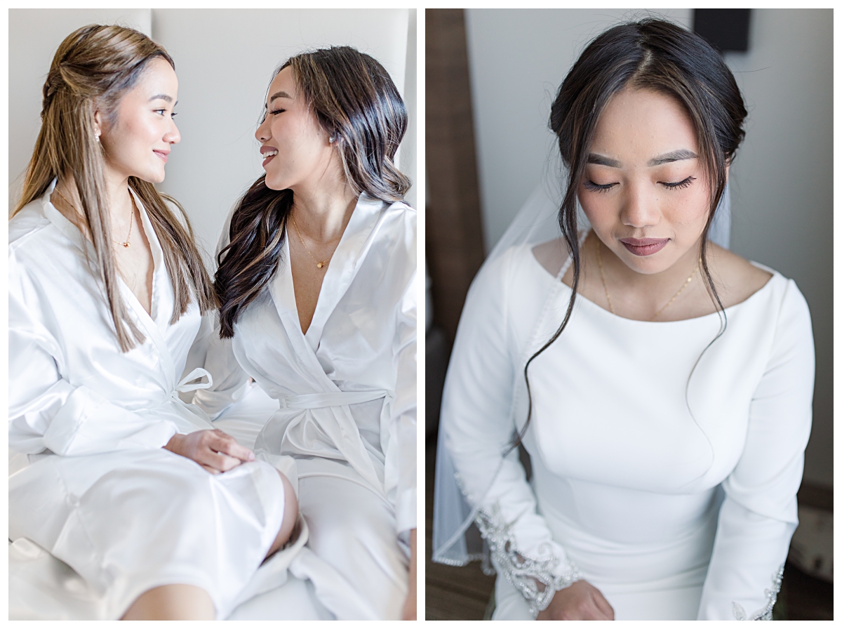 Maid of honor and bride in white robe during getting ready portion on left and close up of bride during getting ready portion of wedding day photographed by Jenny Bui of Picture Bouquet Studio for Dallas Asian wedding. 