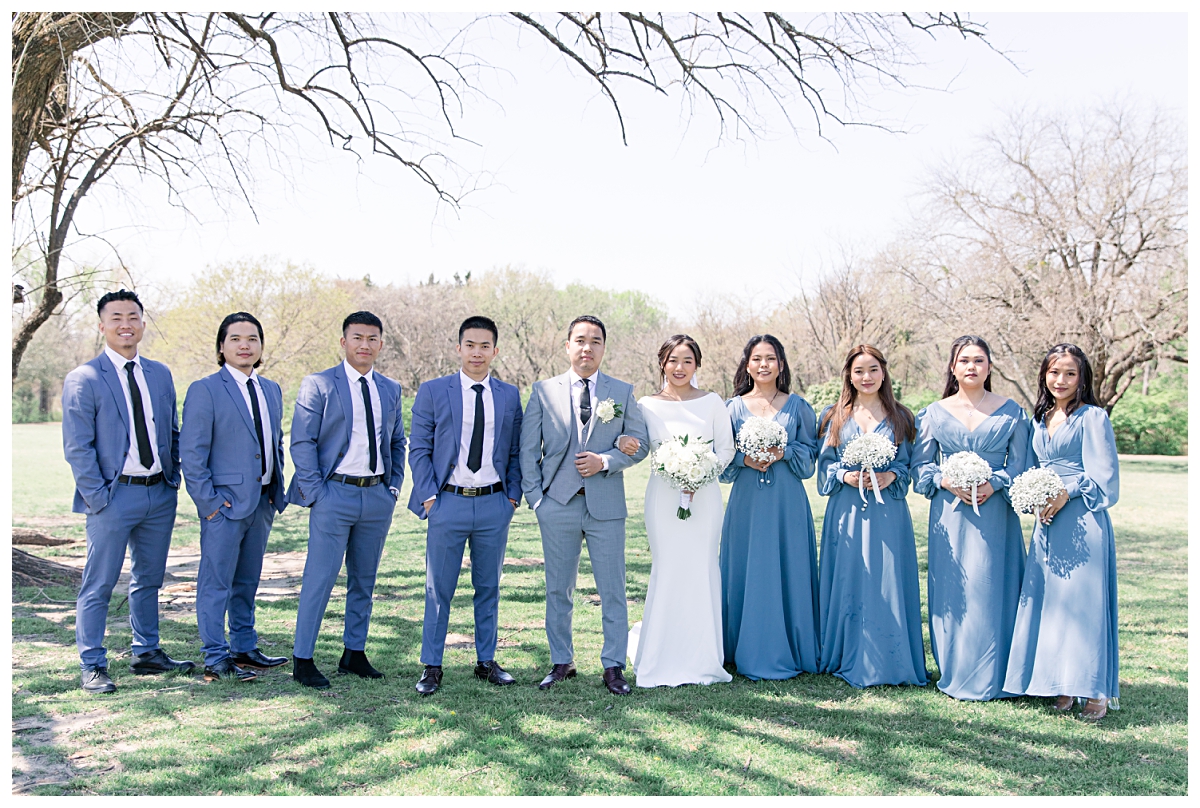 Bridal party in soft blue and cream color palette from a Dallas Asian wedding photographed by Jenny Bui of Picture Bouquet Studio. 