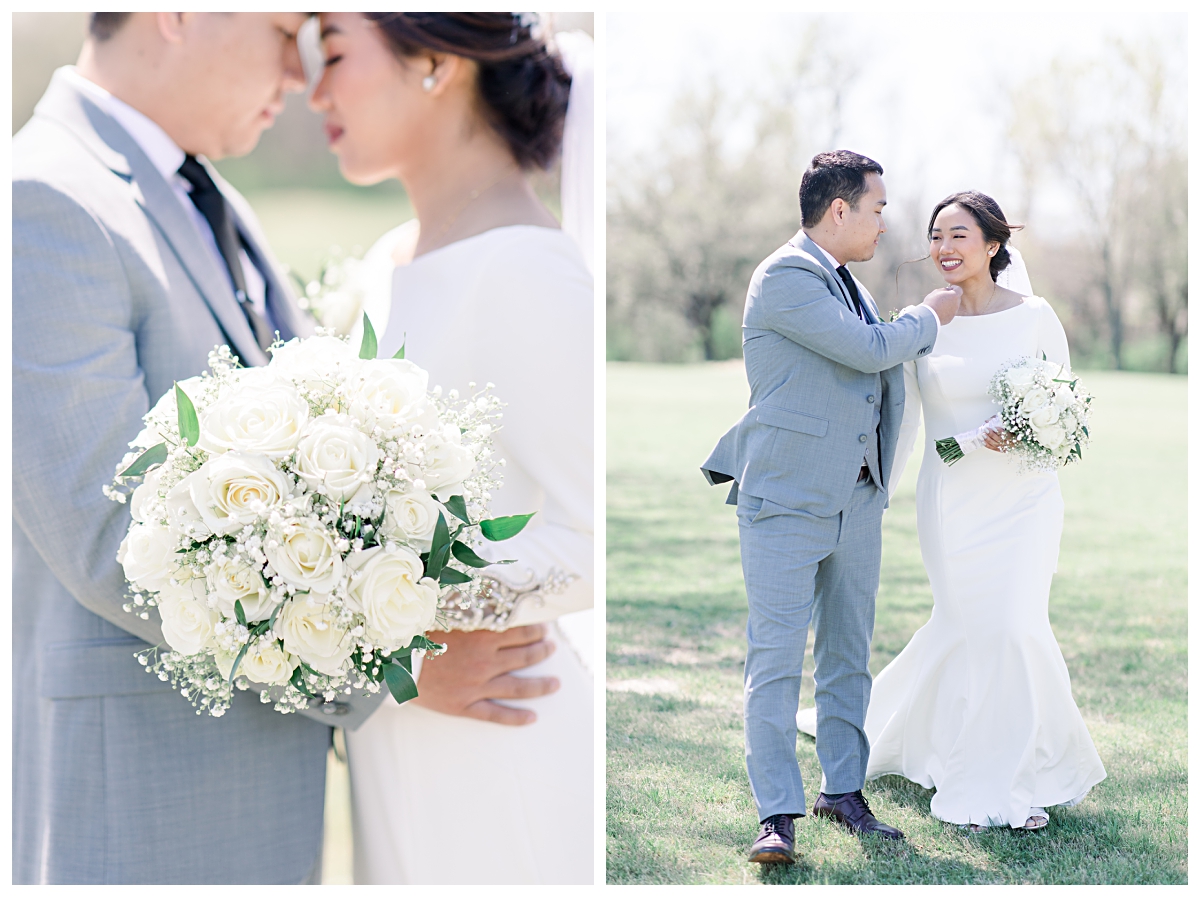 Close up of bouquet on left and bride and groom walking and laughing during bridal portrait on right from a Dallas Asian wedding photographed by Jenny Bui of Picture Bouquet Studio. 