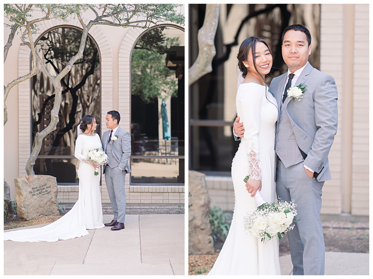 Full body portrait of bride and groom on left and close up of bride and groom on right from a Dallas Asian wedding photographed by Jenny Bui of Picture Bouquet Studio. 