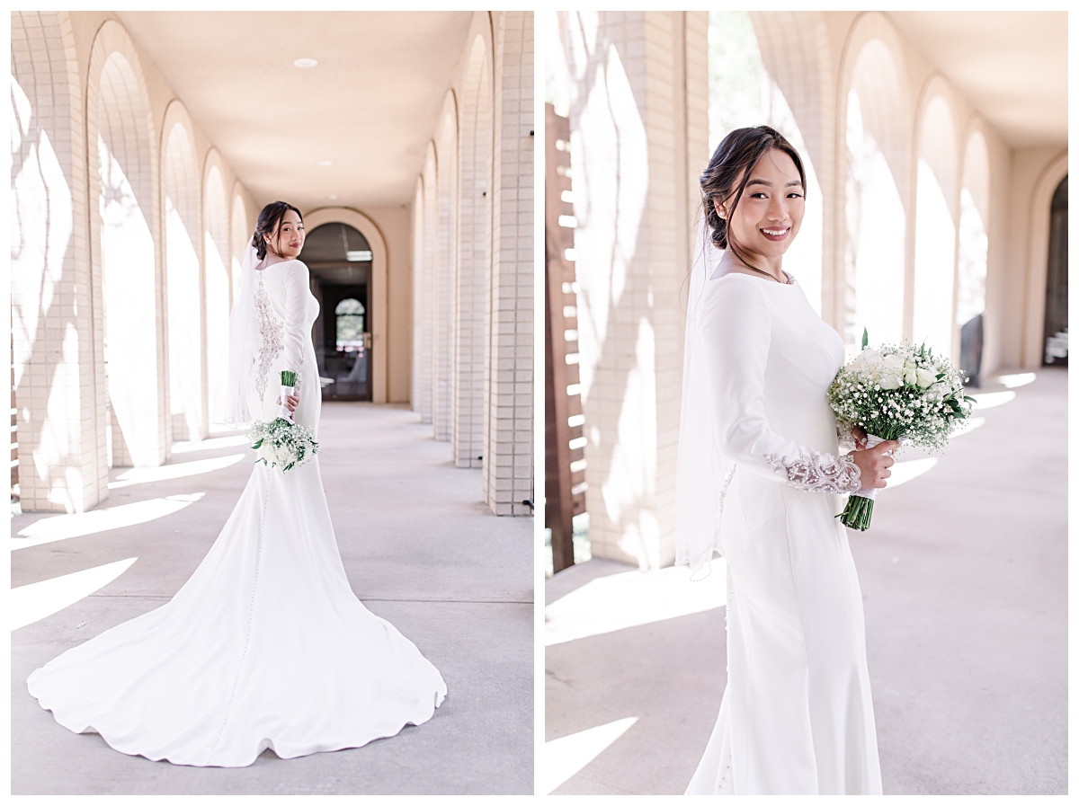 Back view of bride's wedding dress on left and bride smiling at camera on right from a Dallas Asian wedding photographed by Jenny Bui of Picture Bouquet Studio. 