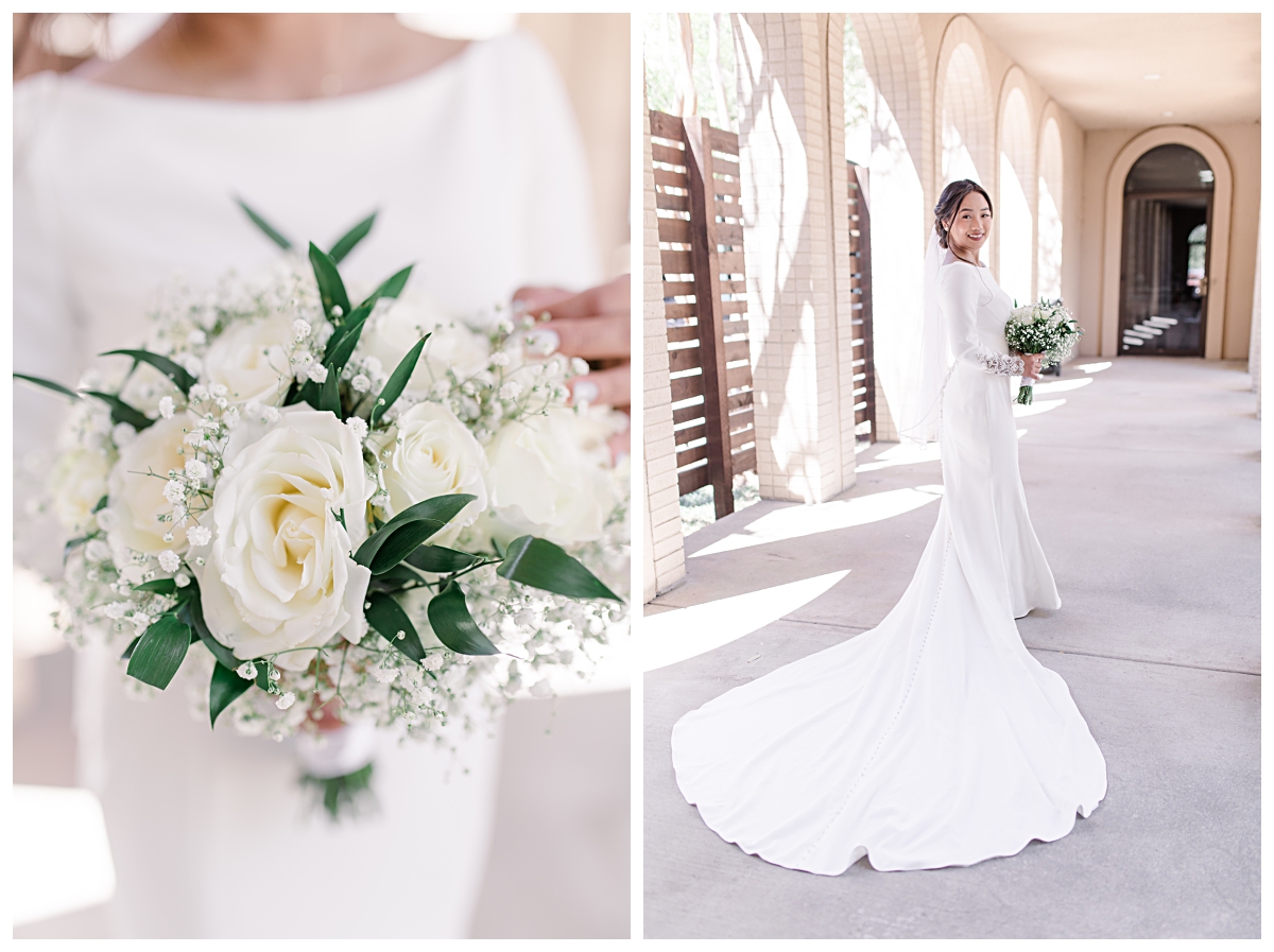 Close up of white rose and baby's breath bouquet on left and full body portrait of bride on right from a Dallas Asian wedding photographed by Jenny Bui of Picture Bouquet Studio. 