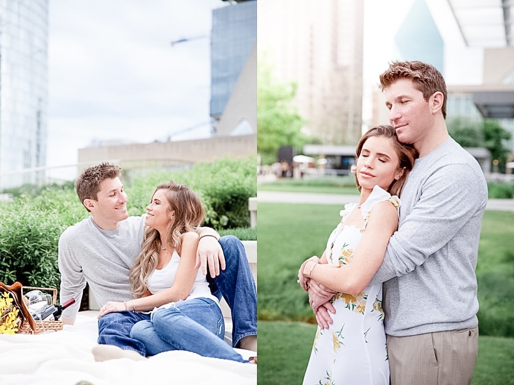 Couple looking at each other on left and embracing on right in downtown Dallas for engagement session photographed by Dallas wedding photographer Jenny Bui of Picture Bouquet Studio. 