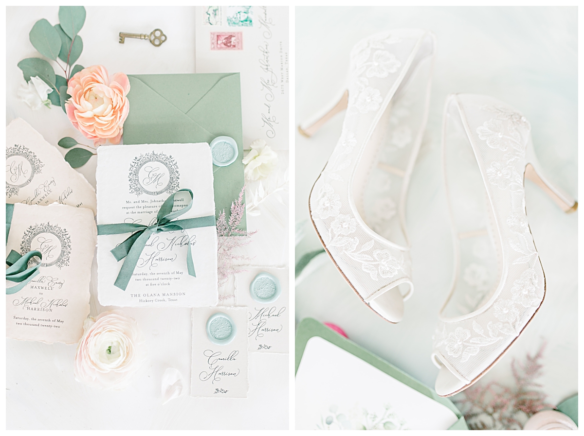 Pastel colored flatlay of wedding invitation suite on left and close up of white lace wedding shoes on right at The Olana Wedding venue for styled shoot photographed by Dallas Wedding Photographer Jenny Bui of Picture Bouquet Studio. 