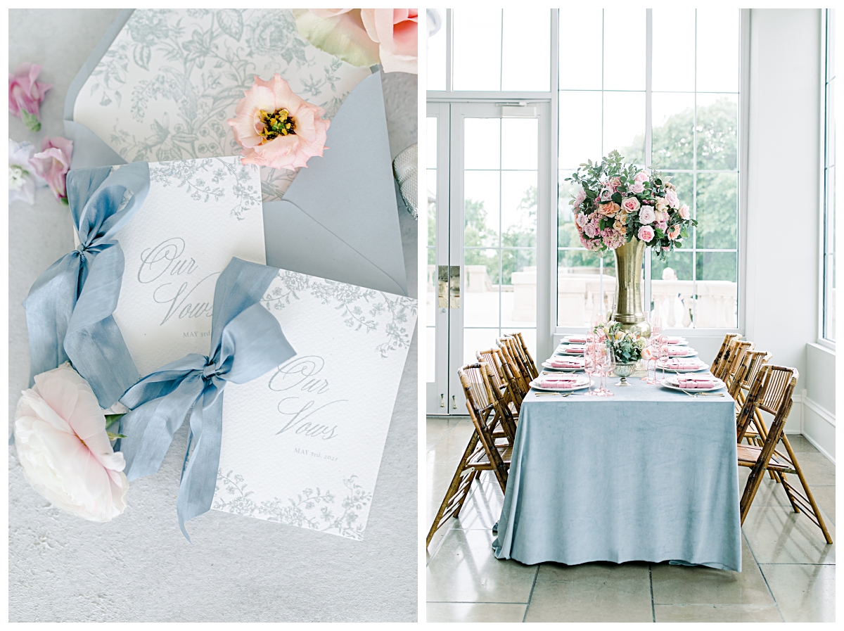Close up of wedding detail vow booklets on left and tables scape on right at The Olana Wedding venue for styled shoot photographed by Dallas Wedding Photographer Jenny Bui of Picture Bouquet Studio. 