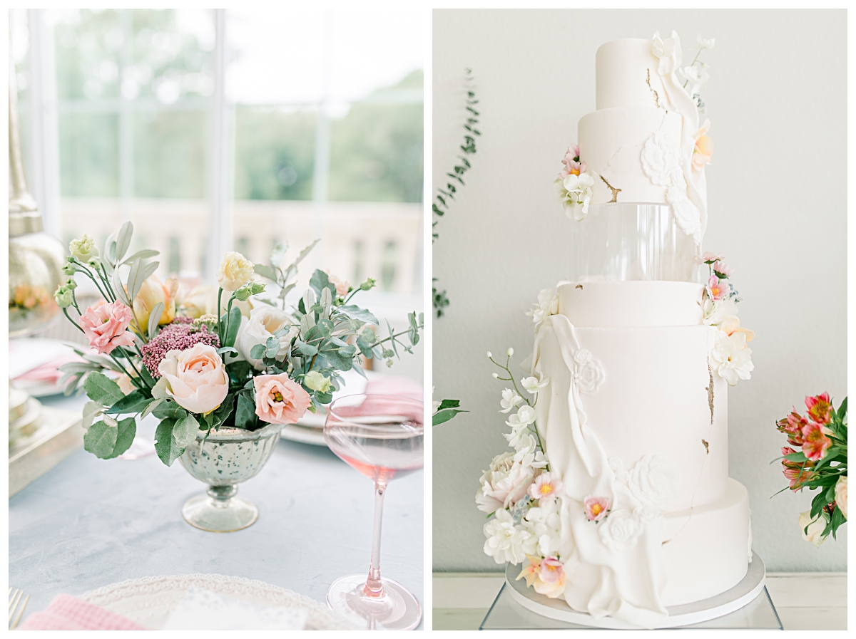 Close up of pastel colored floral arrangement on left and wedding cake on right at The Olana Wedding venue for styled shoot photographed by Dallas Wedding Photographer Jenny Bui of Picture Bouquet Studio. 