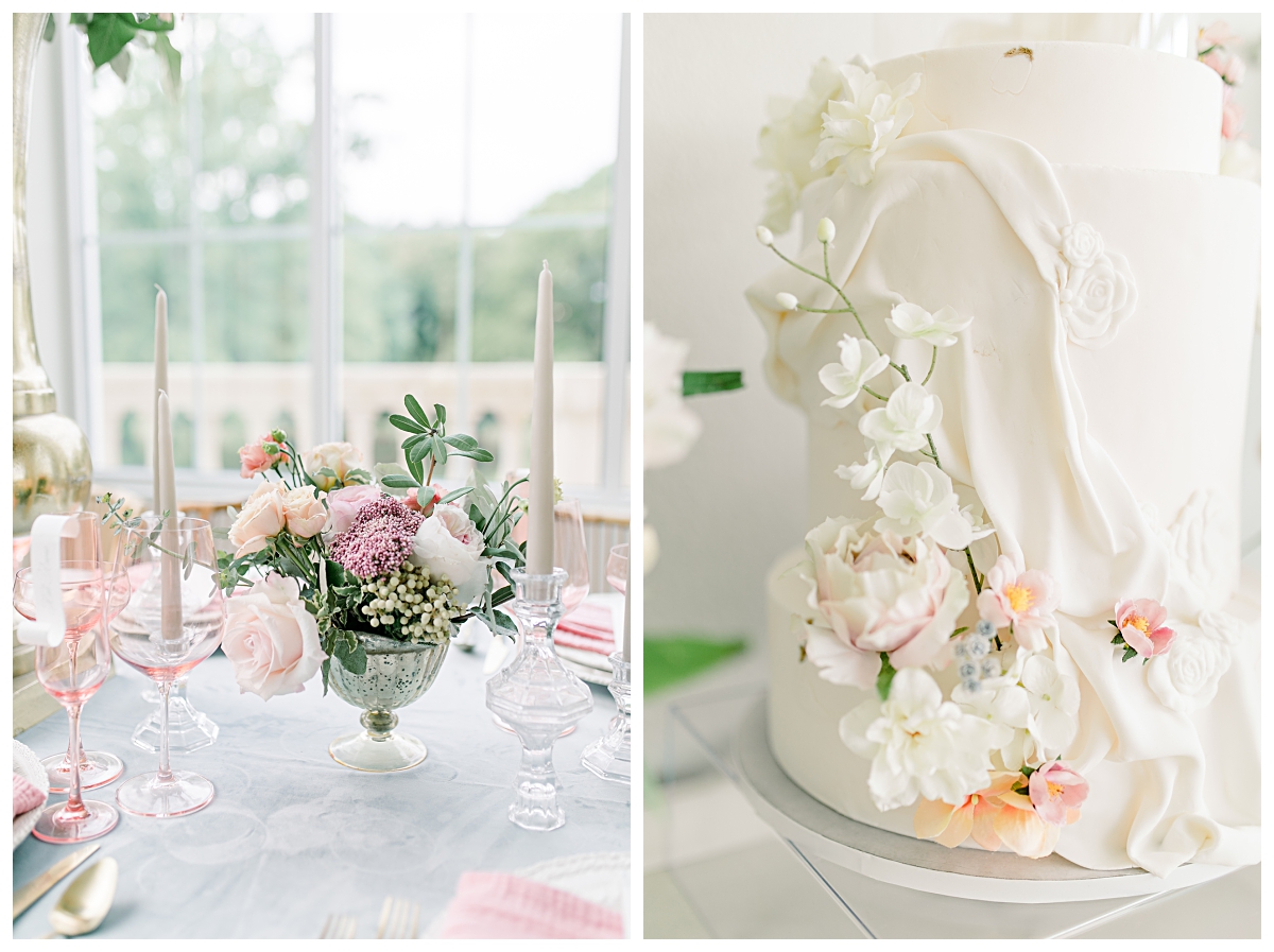 Close up of floral arrangements and candles for wedding day table scape on left and close up of wedding day cake on right at The Olana Wedding venue for styled shoot photographed by Dallas Wedding Photographer Jenny Bui of Picture Bouquet Studio. 
