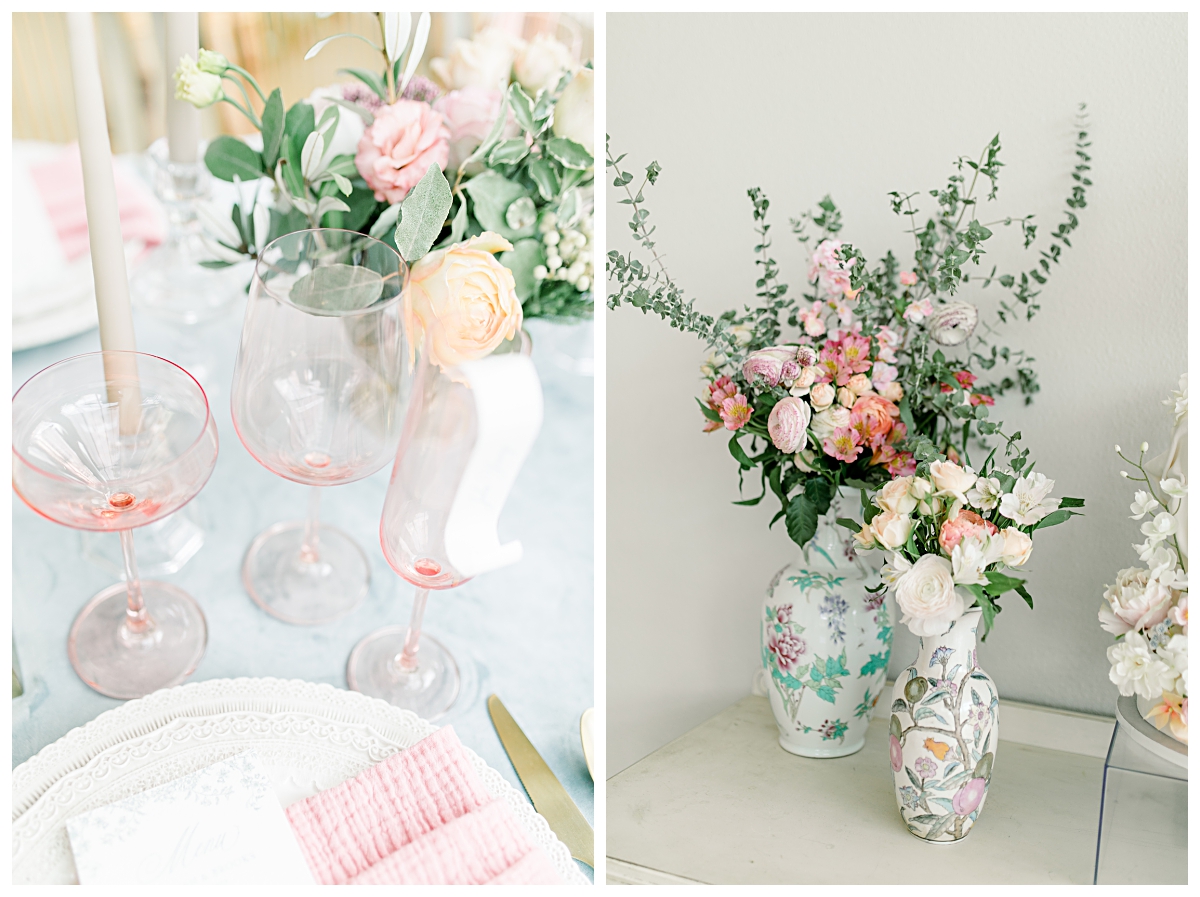 Close up of wedding day table setting and pastel colored vase floral arrangements at The Olana Wedding venue for styled shoot photographed by Dallas Wedding Photographer Jenny Bui of Picture Bouquet Studio. 
