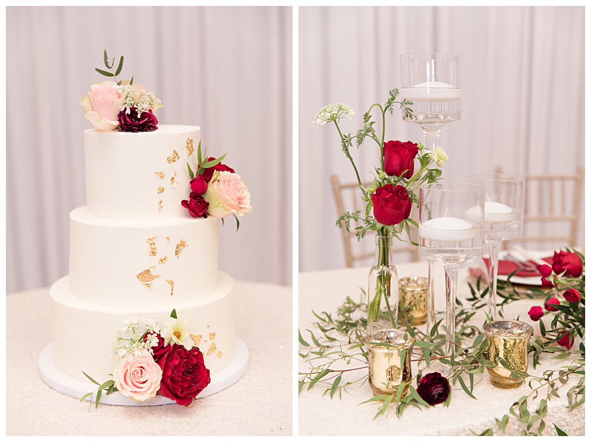Wedding cake with red and peach roses and gold specks on left and bride and groom table filled with red roses and gold accents on right at Zander House wedding photographed by Dallas wedding photographer Jenny Bui of Picture Bouquet Studio. 