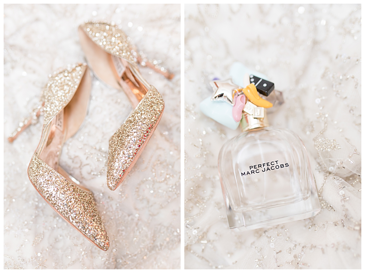 Wedding details of Badgley Mishka gold sparkly heels and Marc Jacobs perfume photographed by Dallas wedding photographer Jenny Bui of Picture Bouquet Studio. 