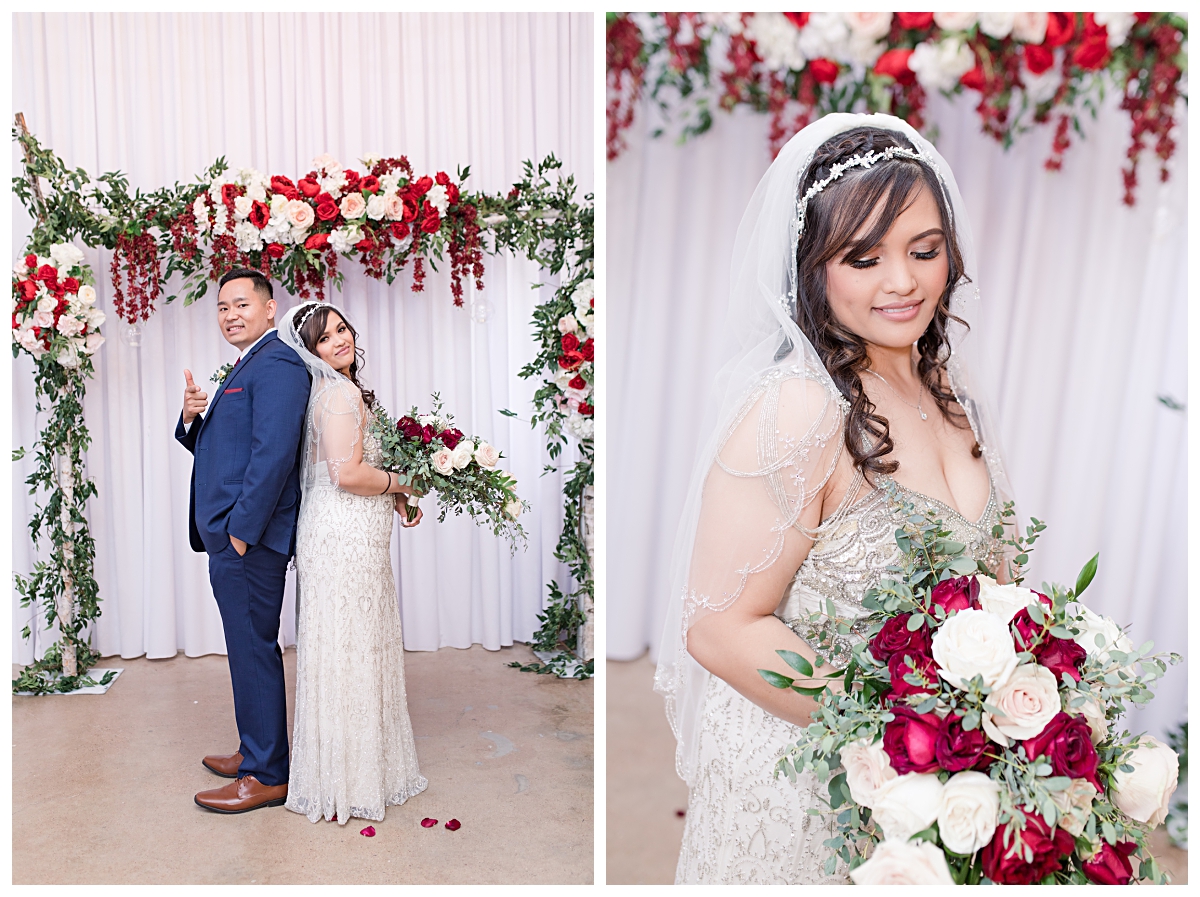 Bride and groom back to back and gorgeous shot of bride in vintage beaded wedding dress looking down at red and peach rose bouquet photographed by Dallas wedding photographer Jenny Bui of Picture Bouquet Studio. 