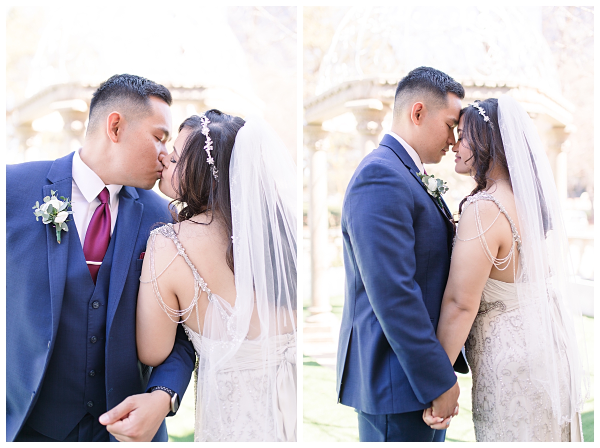 Bride and groom shares private moment outside during Dallas Vietnamese wedding at Zander House photographed by Dallas wedding photographer Jenny Bui of Picture Bouquet Studio. 